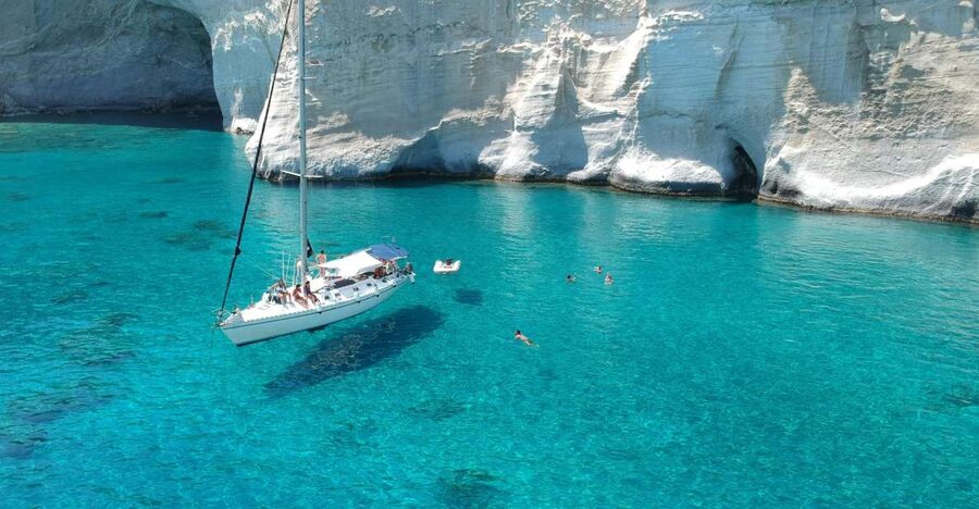 Adamantas: Milos Sightseeing Sailboat Cruise - Sykia Cave, a natural roof over the sea