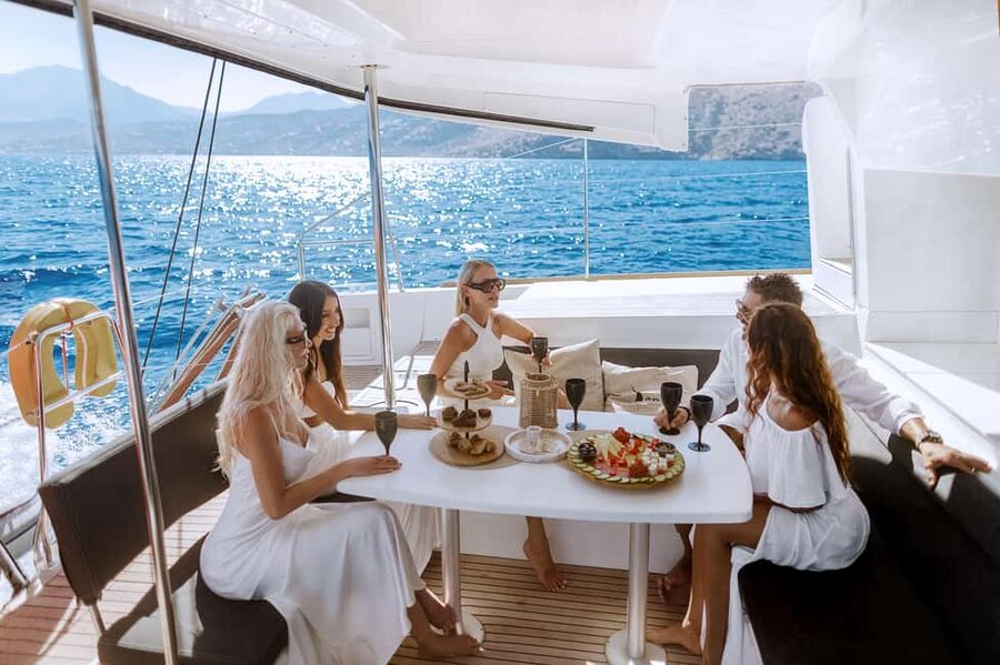 Agios Nikolaos All-inclusive Catamaran Cruise & Water Toys - Leaving Agios Nikolaos for Mirabello Bay