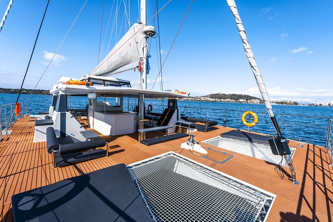 Comfort Max Catamaran Caldera Cruise with BBQ and Drinks - Mesa Pigadia, White Beach, and Red Beach