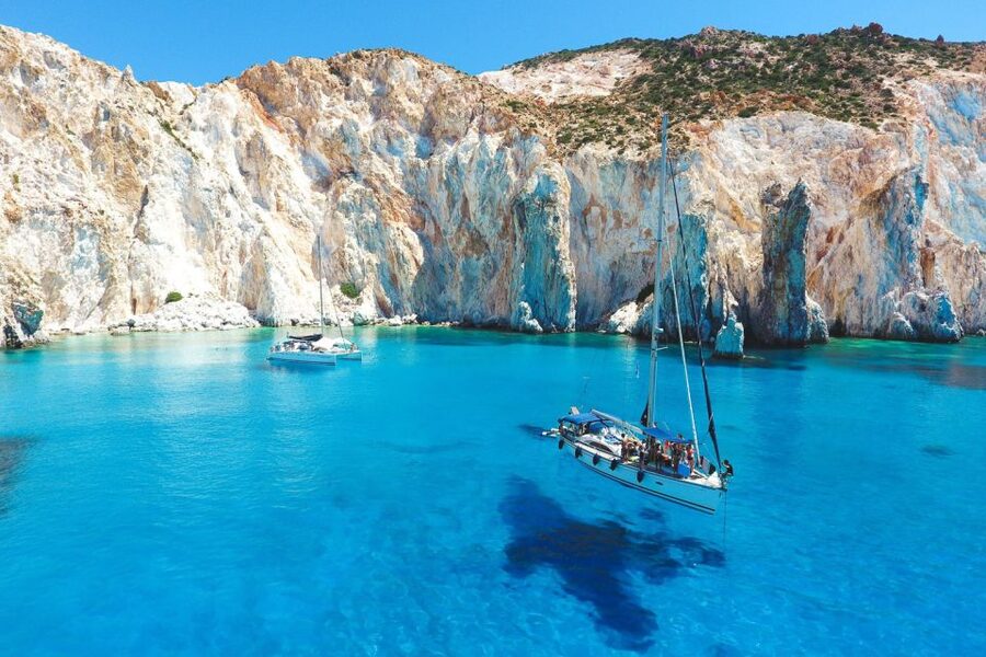 From Adamas: Milos and Poliegos Catamaran Cruise with Lunch - A full day aboard a comfortable catamaran