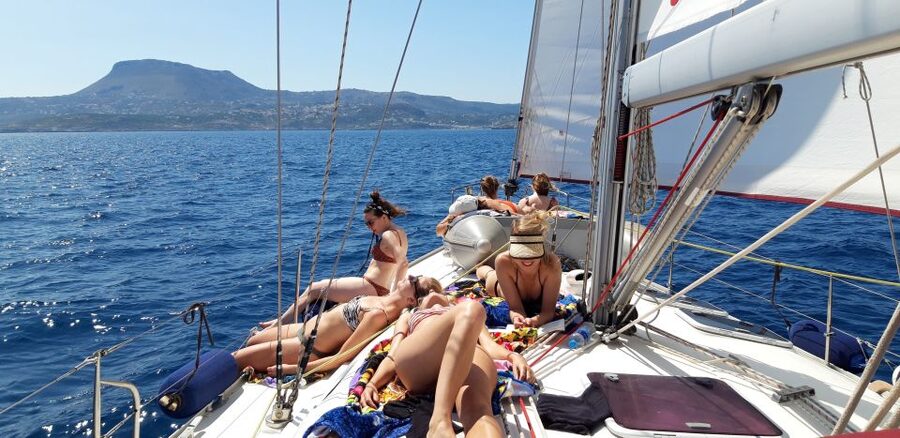 From Chania: Fully Private Sailing Cruise with Meal & Drinks - Coastal views toward Kalyves, Almyrida, and Drapano