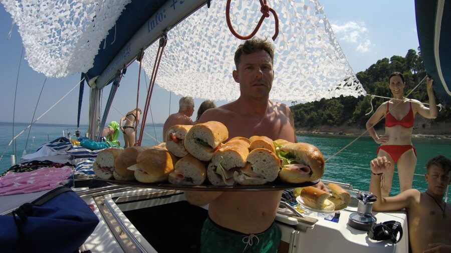 From Nea Fokea: Chalkidiki 6-Hour Cruise by Sailing Boat - Kriopigi adds a beach bar and fruit stop