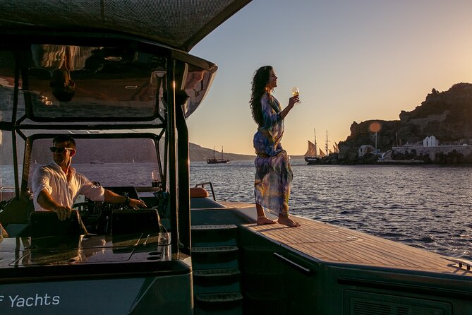 Luxury Private Power Catamaran Tour in Santorini - Choosing a daytime or sunset departure