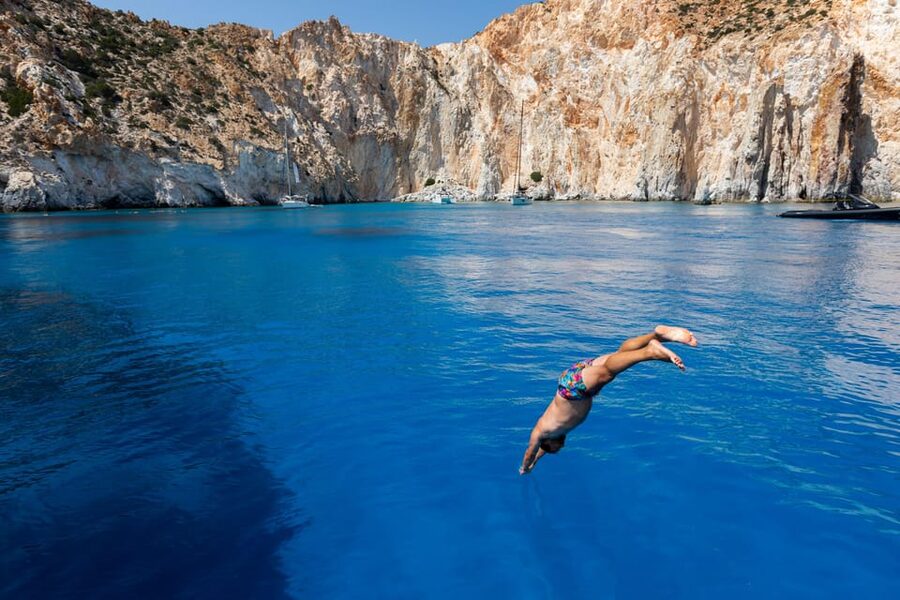 Milos: Full-Day Sailboat Cruise with Food and Open Bar - Blue Bay and the final swimming session