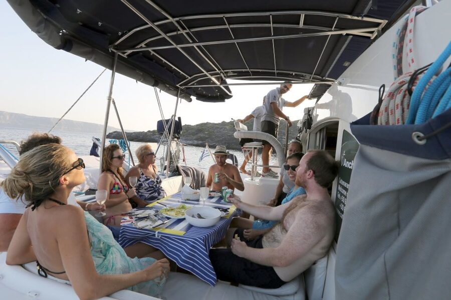 Santorini: 7-Hour Private Catamaran Cruise with Food & Drink - Aspronisi and the route toward Thirassia