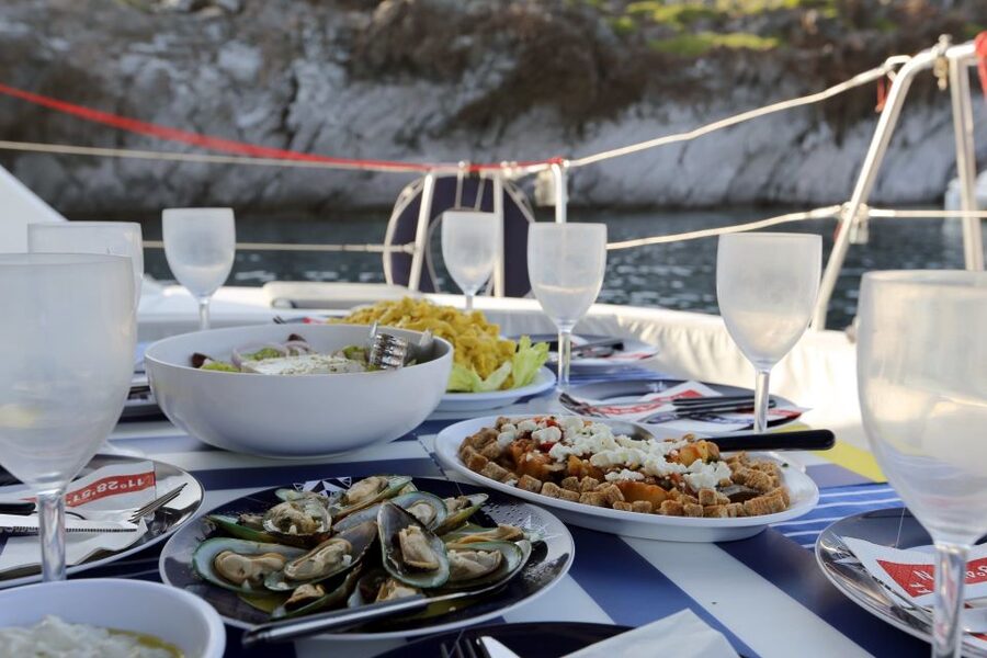 Santorini: 7-Hour Private Catamaran Cruise with Food & Drink - Imerovigli and Firostefani along the Caldera