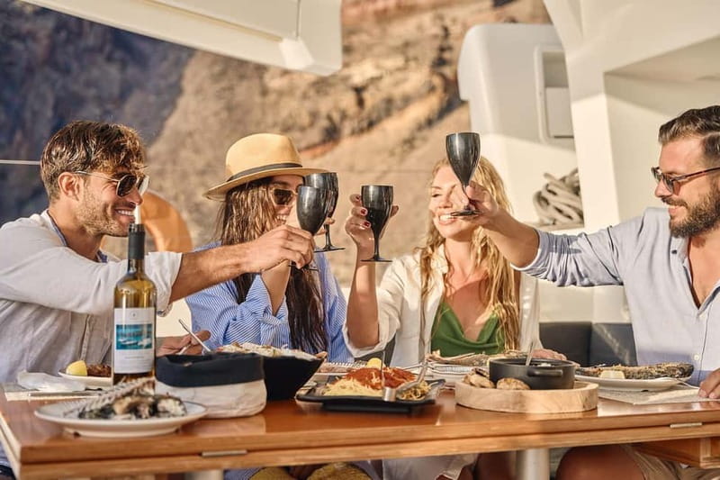 Santorini: Caldera Classic Catamaran Cruise w/ Meal & Drinks - From Your Hotel to Vlichada Marina