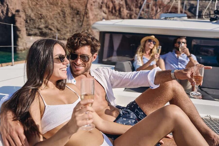 Santorini: Caldera Luxury Catamaran Cruise w/ Meal & Drinks - Red Beach: striking rock and the first swim