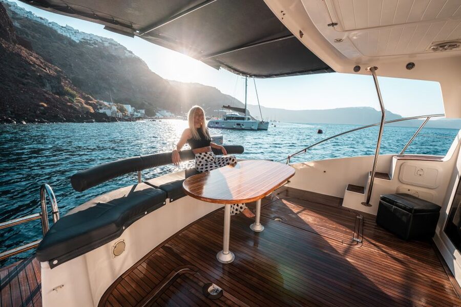 Santorini: Caldera Private Power Catamaran Cruise - A Greek meal served at sea