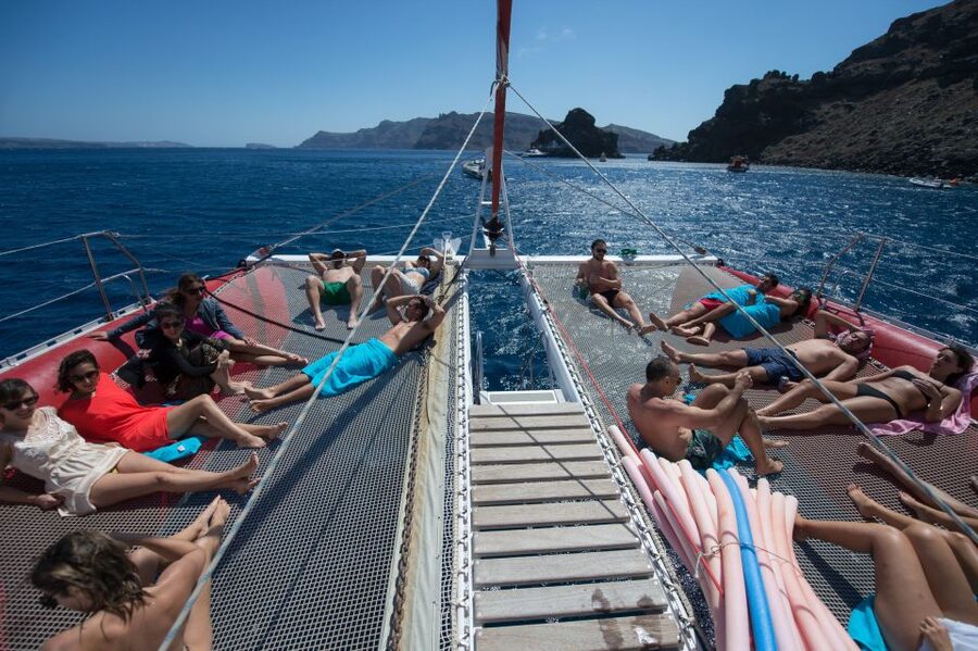 Santorini: Dream Catcher 5-hour Sailing Trip in the Caldera - From your accommodation to Vlihada Marina