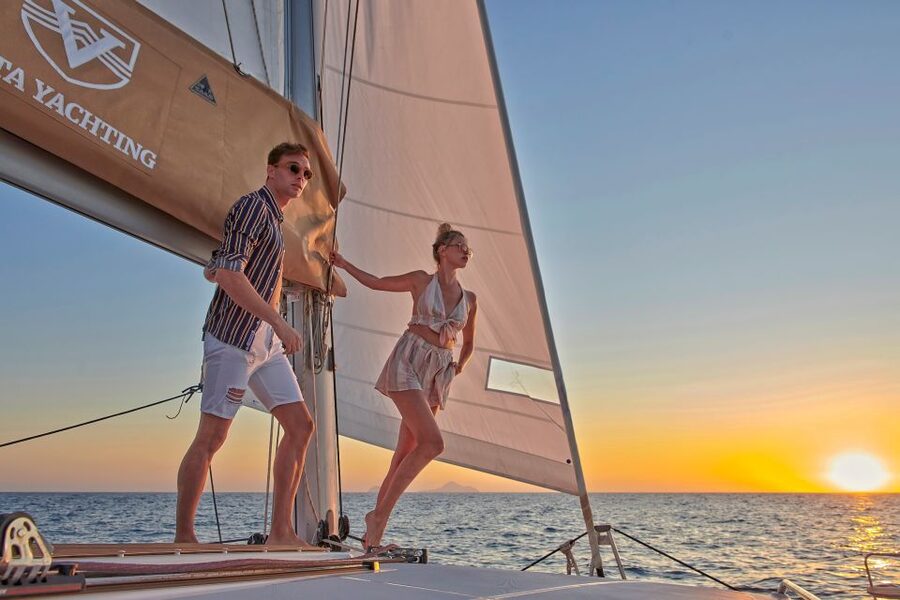 Santorini Gold Catamaran Cruise with Snorkel, BBQ & Open Bar - Views of the Caldera Cliffs