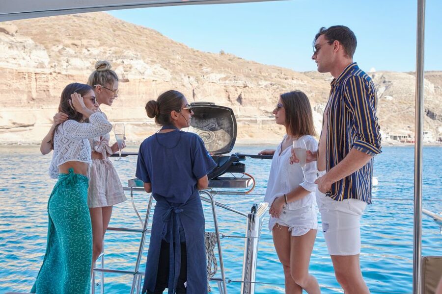Santorini Gold Catamaran Cruise with Snorkel, BBQ & Open Bar - Mesa Pigadia and the BBQ Meal