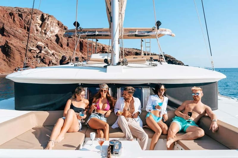 Santorini: Luxury Catamaran Cruise with Lunch, BBQ & Drinks - From Vlychada Port to Santorini’s southern cliffs