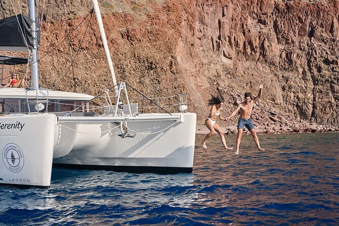 Santorini Oia: Private Sunset Catamaran Cruise with BBQ & Drinks - Palea Kameni and the sulfur springs