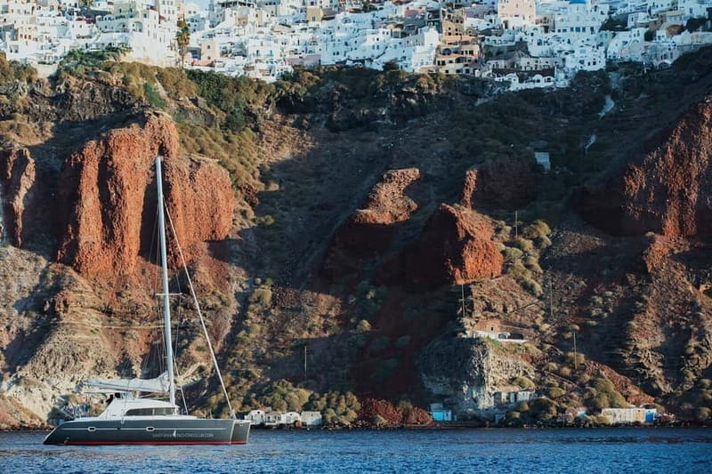 Santorini: Private Catamaran Cruise with BBQ Meal and Drinks - The volcano and hot springs