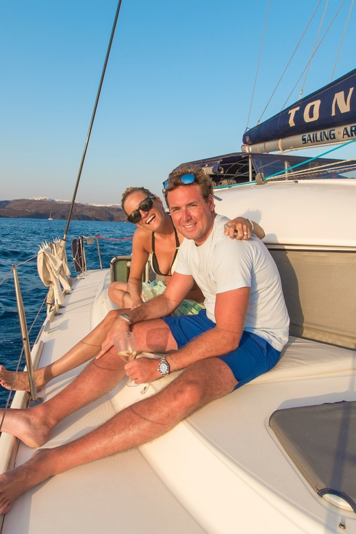 Santorini: Private Catamaran Cruise with Food & Drinks - Pickup to Vlychada Marina