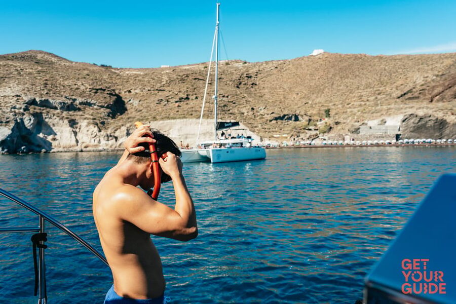 Santorini: Private Catamaran Tour with BBQ Meal and Drinks - Lunch beside the volcano