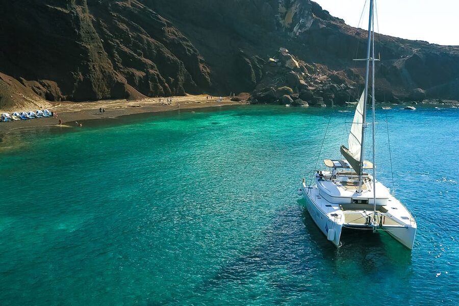 Santorini: Private Catamaran Tour with BBQ Meal and Drinks - What the boat is like onboard