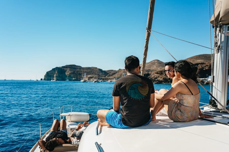 Santorini: Sailing Catamaran Cruise with BBQ and Drinks - The caldera, Indian Rocks, and the volcano
